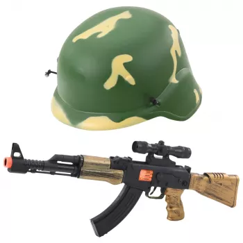 LEAN TOYS Military komplekts - rotaļu šautene ar skaņu, ķivere, nazis, granāta, binoklis, pulkstenis, svilpe, suņa birka un gumijas lente bērniem no 3 gadiem