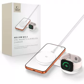 TECH-PROTECT A55 2-in-1 magnētiskais MagSafe bezvadu lādētājs 25W Qi2.2 balts