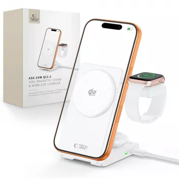 TECH-PROTECT A56 3-in-1 magnētiskais MagSafe bezvadu lādētājs 25W Qi2.2 balts