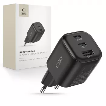 TECH-PROTECT NCA100W-GaN 3 portu GaN sienas lādētājs 100W PD 3.2 / QC3.0 Melns