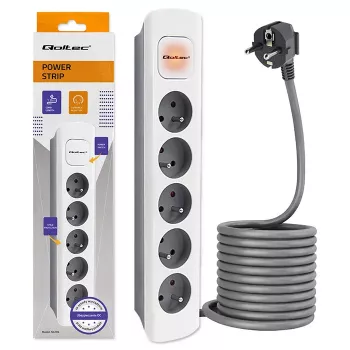 Qoltec 5-Vietu Pagarinātājs ar Slēdzi, 1.8m Vads, Balts-Pelēks