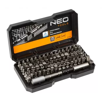NEO TOOLS 99 daļu skrūvgriežu uzgaļu komplekts ar rokturi, S2 tērauds, 1/4 inch sešstūris, Slotted, Phillips, Pozi, Torx, Security Torx, Hex, Security Hex, Square, Spanner, Tri-Wing, Torq-Set, Clutch, magnētiskais uzgaļu turētājs, adapteris, pagarinājums, uzg