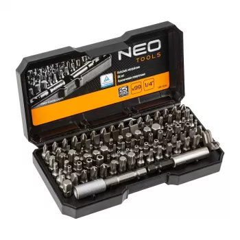 NEO TOOLS 99 daļu skrūvgriežu uzgaļu komplekts ar rokturi, S2 tērauds, 1/4 inch sešstūris, Slotted, Phillips, Pozi, Torx, Security Torx, Hex, Security Hex, Square, Spanner, Tri-Wing, Torq-Set, Clutch, magnētiskais uzgaļu turētājs, adapteris, pagarinājums, uzg