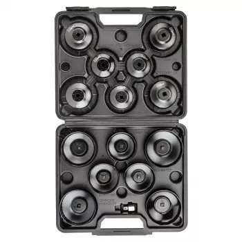 NEO TOOLS Eļļas filtra uzgriežņu atslēgu komplekts 16 gab. (65-100 mm, 3/8 collu piedziņa, kausa tipa, daudzrievu, tērauds, formētā kastē)