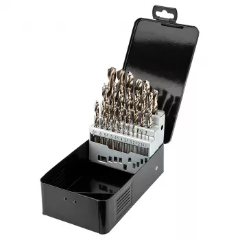 NEO TOOLS 25 gab. HSS-Co kobalta metāla urbjkomplekts, 1.0–13.0 mm, pilnībā slīpēts, 135° šķeltā smaile, DIN 338, metāla futrālis