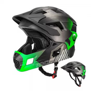 Rockbros TS-61 bērnu transformējamā pilna sejas veloķivere ar noņemamu zoda aizsargu, zaļa, S izmērs (48-54 cm)