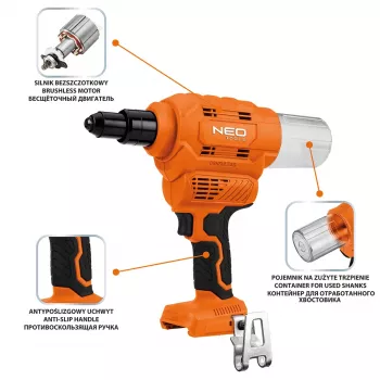 NEO TOOLS 18V E+ bezvadu kniedētājs (tikai korpuss)