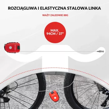 Rockbros ievelkamā troses slēdzene 32420981001 sarkana - 3 ciparu kombinācija, 90 cm pīta tērauda trosīte