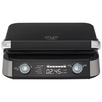 Adler AD 3084 vafeļu panna ar LED displeju, 5 programmas, 7 apbrūnināšanas līmeņi, 1600 W (maks. 2400 W), nepiedegošas plāksnes, melnā / sudraba krāsā