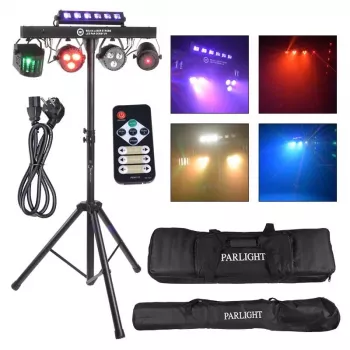 LIGHT4ME BEAM LASER STROBE LED PAR DERBY UV I - 4-in-1 daudzeffektu skatuves gaisma ar sarkano/zaļo lāzeru, UV un DMX vadību