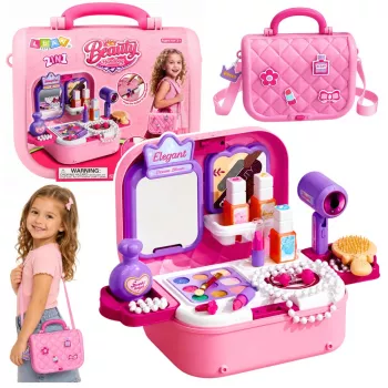 LEAN TOYS pārnēsājamais 2-in-1 skaistumkopšanas komplekts ar koferīti, spoguli, kosmētiku un aksesuāriem, rozā