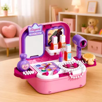 LEAN TOYS pārnēsājamais 2-in-1 skaistumkopšanas komplekts ar koferīti, spoguli, kosmētiku un aksesuāriem, rozā