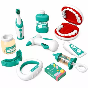 LEAN TOYS Little Dentist komplekts ar vibrējošu zobu birsti, zils, 15 daļas