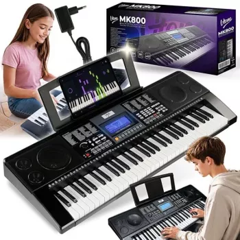 V-TONE MK800 pārnēsājamā izglītojošā elektroniskā klaviatūra, 61 pieskāriena jutīgs taustiņš, 300 toņi, 300 ritmi, 40 demo dziesmas, LCD displejs, USB MIDI, austiņu izeja, mikrofona ieeja, sustain pedāļa ieeja, 2x5W skaļruņi, melna