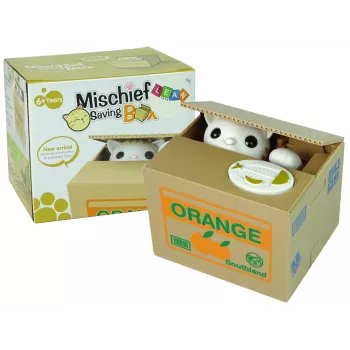LEAN TOYS Mischief Saving Box Cūciņa Krājkasīte ar Kaķi - Balts Kaķis ar Brūnu Kasti