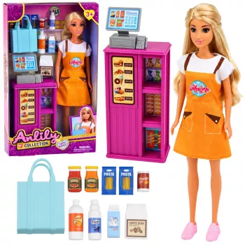 LEAN TOYS Anlily lelle kasiere pārdevēja kases aparāts pārtikas preču rotaļu komplekts