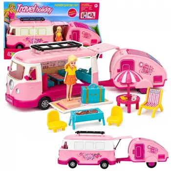 LEAN TOYS Travel Set Kempings ar piekabi un leļļu mēbelēm, rozā
