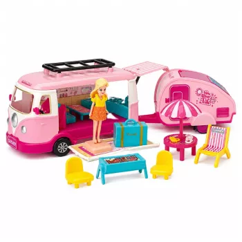 LEAN TOYS Travel Set Kempings ar piekabi un leļļu mēbelēm, rozā