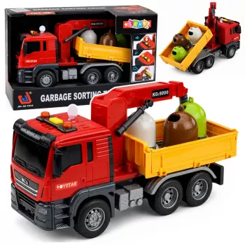 LEAN TOYS Truck Crane atkritumu šķirošanas konteineri ar celtni, gaismām un skaņu, sarkans