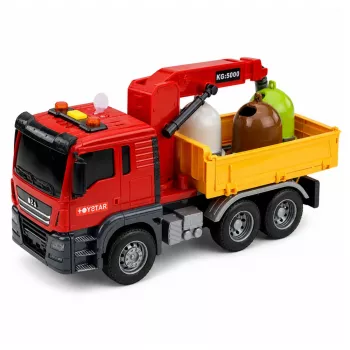 LEAN TOYS Truck Crane atkritumu šķirošanas konteineri ar celtni, gaismām un skaņu, sarkans