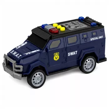 LEAN TOYS SWAT Special Unit policijas auto 1:32 mērogā ar gaismām, skaņām un pull-back darbību - tumši zils
