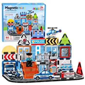 LEAN TOYS Magnētiskie konstruktori Policijas bāze ar transportlīdzekļiem un policistu, 44 gab.