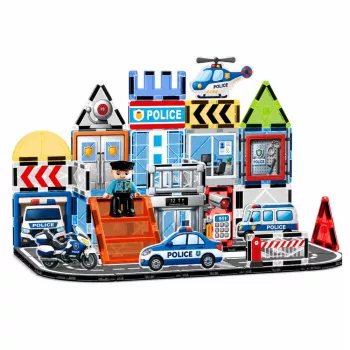 LEAN TOYS Magnētiskie konstruktori Policijas bāze ar transportlīdzekļiem un policistu, 44 gab.