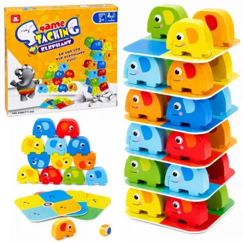 LEAN TOYS Elephant Tower prasmju spēle Līdzsvarošanas ziloņi ar krāsainām kartītēm 46 gab.