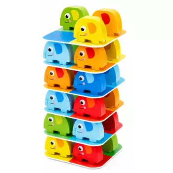 LEAN TOYS Elephant Tower prasmju spēle Līdzsvarošanas ziloņi ar krāsainām kartītēm 46 gab.