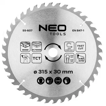NEO TOOLS 315 mm TCT ripzāģa disks, 40 zobi, 30 mm atvere, kokam