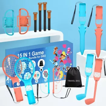 HURTEL Family Accessories Pack 15 in 1 Nintendo Switch 2 konsolei - oranžs un zils komplekts