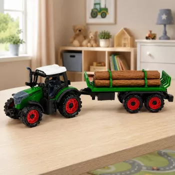 LEAN TOYS Lauksaimniecības traktors ar baļķu piekabi, berzes piedziņa, siena ķīpa, 35 cm