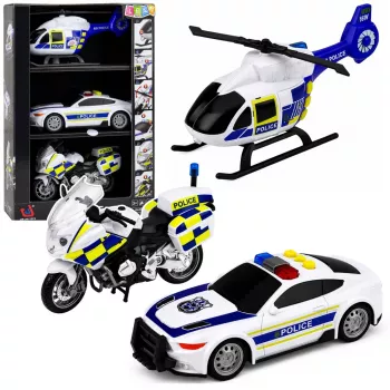 LEAN TOYS policijas komplekts: helikopters, motocikls un policijas auto ar gaismām un skaņām 1:32