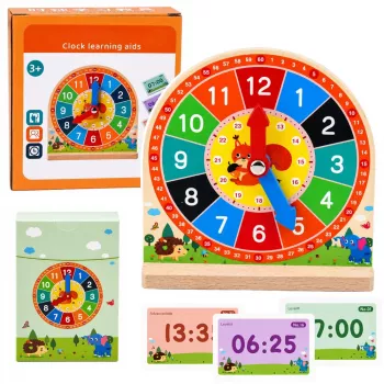 LEAN TOYS koka mācību pulkstenis ar kustīgām rādītājām un kartītēm, 55 gab.