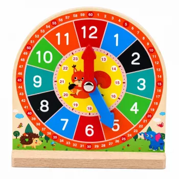 LEAN TOYS koka mācību pulkstenis ar kustīgām rādītājām un kartītēm, 55 gab.