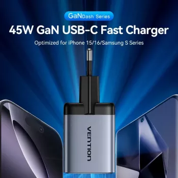 VENTION GaN 90W Dual USB-C sienas lādētājs (45W+45W) - Melns