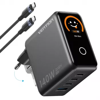 Vention 140W GaN lādētājs ar 1x USB-A, 3x USB-C un USB-C uz USB-C kabeli 1m