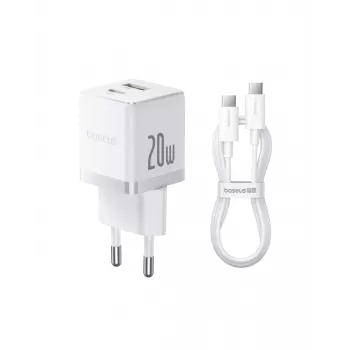 Baseus 20W USB sienas lādētājs ar 1x USB-C PD un 1x USB-A QC, EU spraudnis, melns