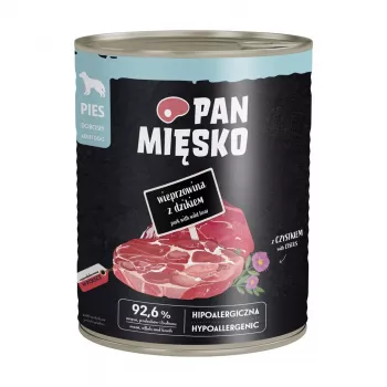 PAN MIĘSKO Cūkgaļa ar mežacūku mitrā suņu barība 800g – bezgraudu pastēte pieaugušiem suņiem