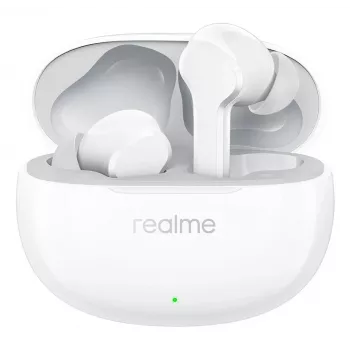 realme Buds T110 True Wireless austiņas, 38h akumulators, AI ENC, IPX5, Bluetooth 5.4, 10mm bass draiveris, USB-C ātrā uzlāde, zema latentuma režīms, viedā skārienvadība, baltas