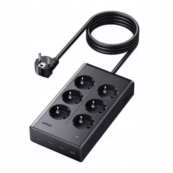 UGREEN S622 6 Kontaktligzdu Pagarinātājs ar 3 USB Portiem, 1,5m Vads, Balts