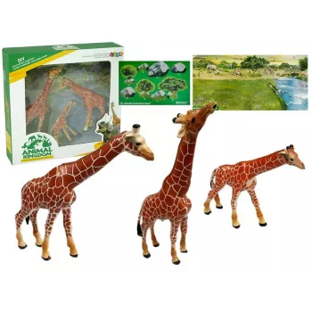 LEAN TOYS Žirafes Figūriņas Izglītojošas Ģimene 3 Gab. + Āfrikas Fons