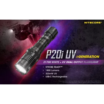 Nitecore NT-P20I-UV taktiskais lukturis ar UV gaismu, 1800 lūmenu, USB-C uzlāde, IP68, melns
