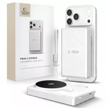 TECH-PROTECT PB40 LIFEMAG MagSafe power bank 10000mAh 25W Qi2.2 balts/sudrabs