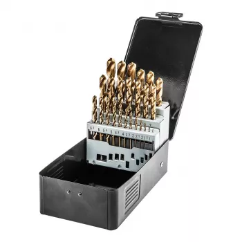 NEO TOOLS 57-200 25 gab. HSS-TiN urbju komplekts metālam, 1,0–13,0 mm, DIN 338, 135° šķeltā smaile, metāla futrālis