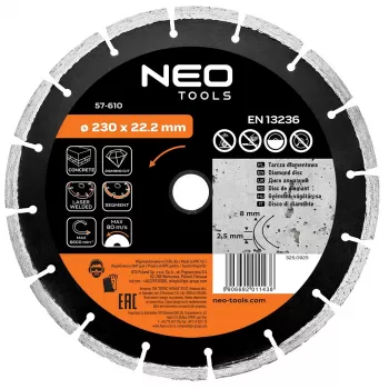 NEO TOOLS 230 mm lāzermetināts segmentēts dimanta griešanas disks betonam un akmenim, 22,2 mm urbums