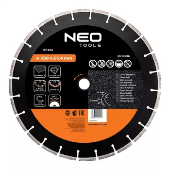 NEO TOOLS 350 mm lāzermetināts segmentētais dimanta disks, 25,4 mm urbums, betonam, asfaltam, akmenim