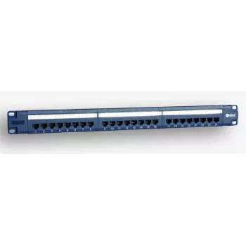 EmiterNet 19 collu 1U 24 portu RJ45 UTP Cat.5e sadales panelis ar kabeļu pārvaldības plauktu, zils (PoE saderīgs)