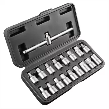 NEO TOOLS Eļļas notekas uzgriežņu atslēgu komplekts 3/8 collu piedziņa, 18 daļas, hroma vanādijs, kvadrātveida/hex/Torx/spline uzgriežņu atslēgas, veidotā futrālī