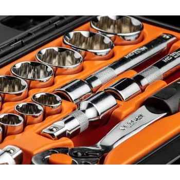 NEO TOOLS 1/2 inch piedziņas uzgriežņu atslēgu komplekts, 23 daļas, hrom-vanādija tērauds, DIN 3124